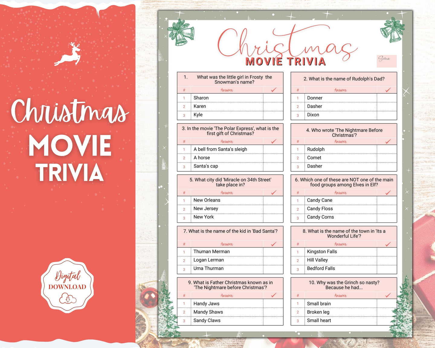 Christmas MOVIE TRIVIA Game | Holiday Xmas Party Game Printables for the Family | Green