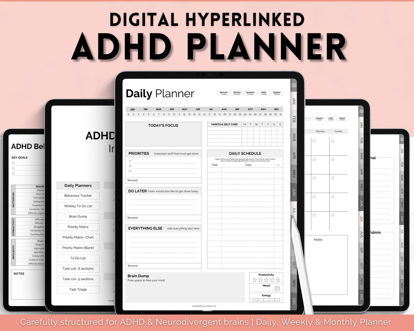 ADHD Digital Planner - Daily Planner for Neurodivergent Adults | Brain Dump Template, To Do List, Cleaning, Symptom Tracker for GoodNotes & iPad | Mono