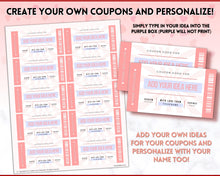 Load image into Gallery viewer, Editable Love Coupon Book for Valentines | Printable DIY Coupon Book for Him and Her | Personalized Valentines, Anniversary, Birthday Gift | Pink
