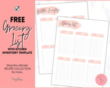 Load image into Gallery viewer, FREE - Grocery List Printable, Weekly Shopping List, Meal Planner Checklist, Kitchen Organization Template | Pink Watercolor
