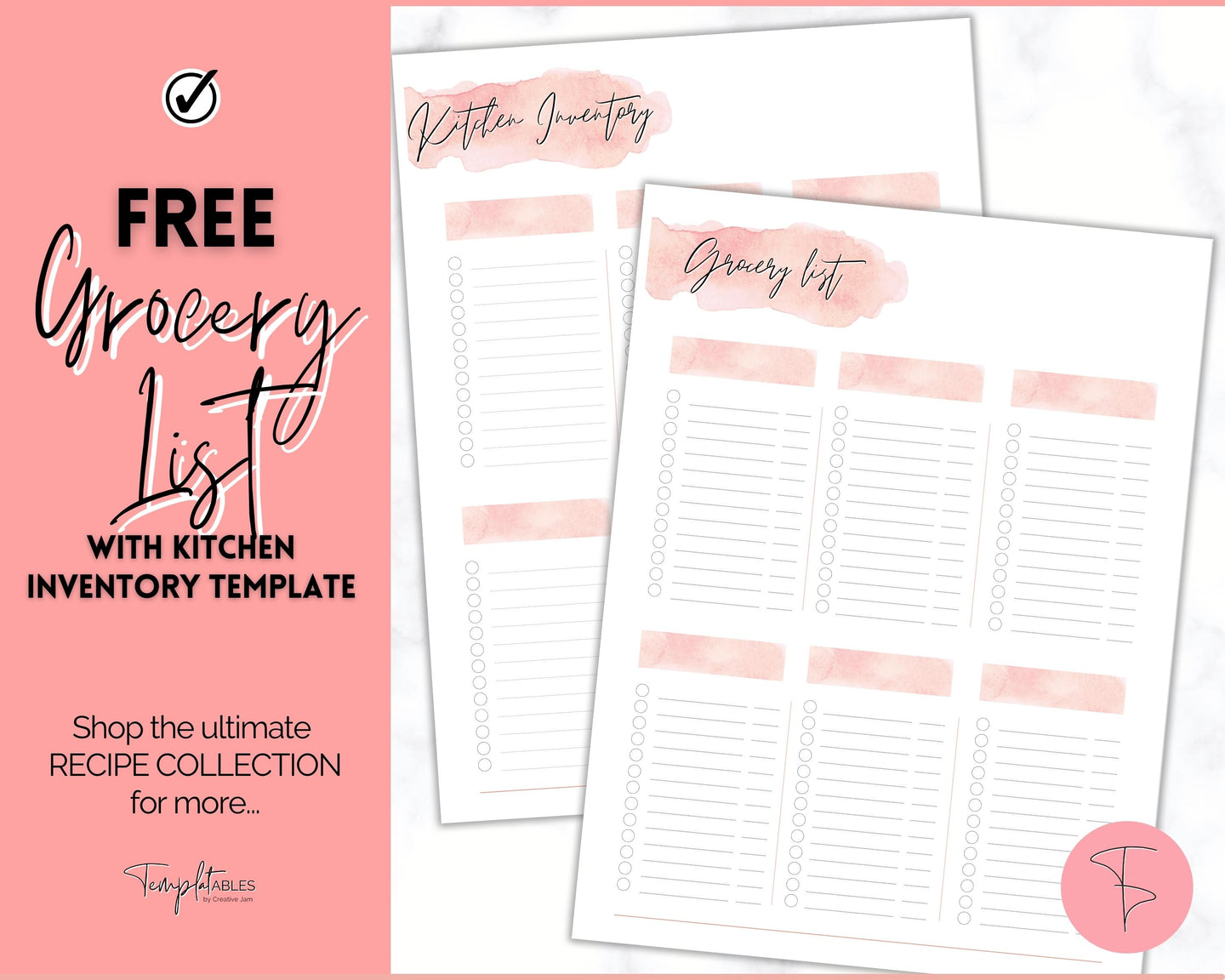 FREE - Grocery List Printable, Weekly Shopping List, Meal Planner Checklist, Kitchen Organization Template | Pink Watercolor