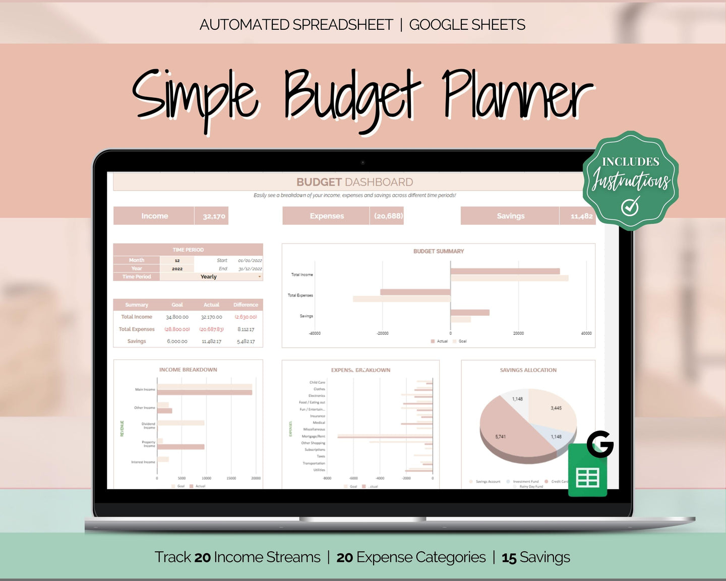Simple Budget Planner Spreadsheet | Google Sheets Automated Monthly Finance & Expenses Spreadsheet | Orange