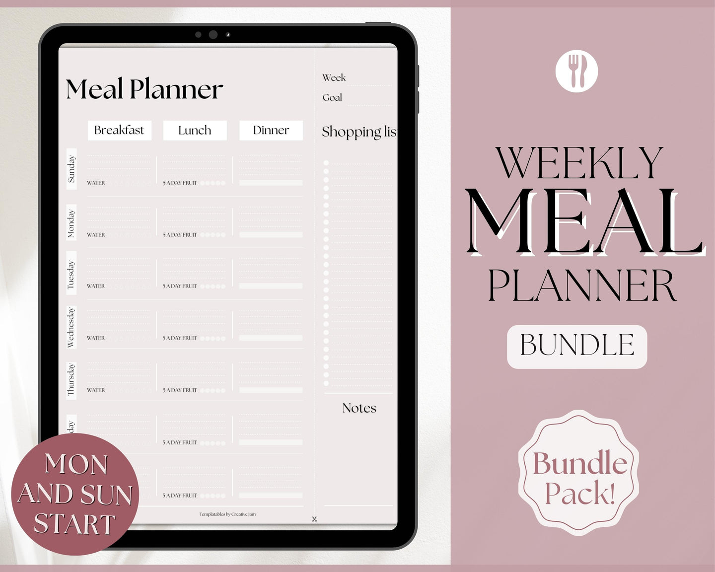Boho Weekly Meal Planner Printable | Food Diary, Meal Tracker, Food Journal with BONUS Grocery List | Lux