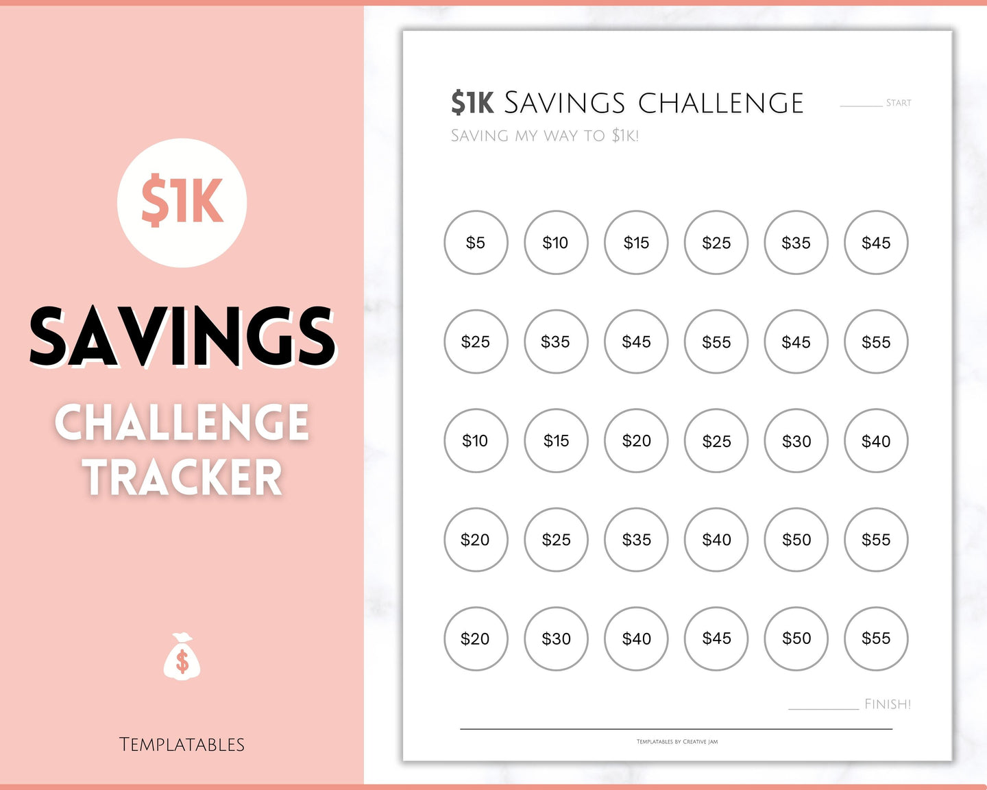 1000 Savings Challenge, 1k Saving Tracker Printable | 30 day, Cash Envelopes to Save Money & Budget | Mono