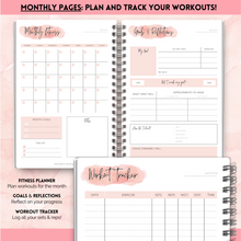 Load image into Gallery viewer, 90 Day Fitness &amp; Workout Planner for Women | Gym Journal, Weight Loss Tracker, Meal Planner, Self Care Habit Tracker | A5 Pink Watercolor
