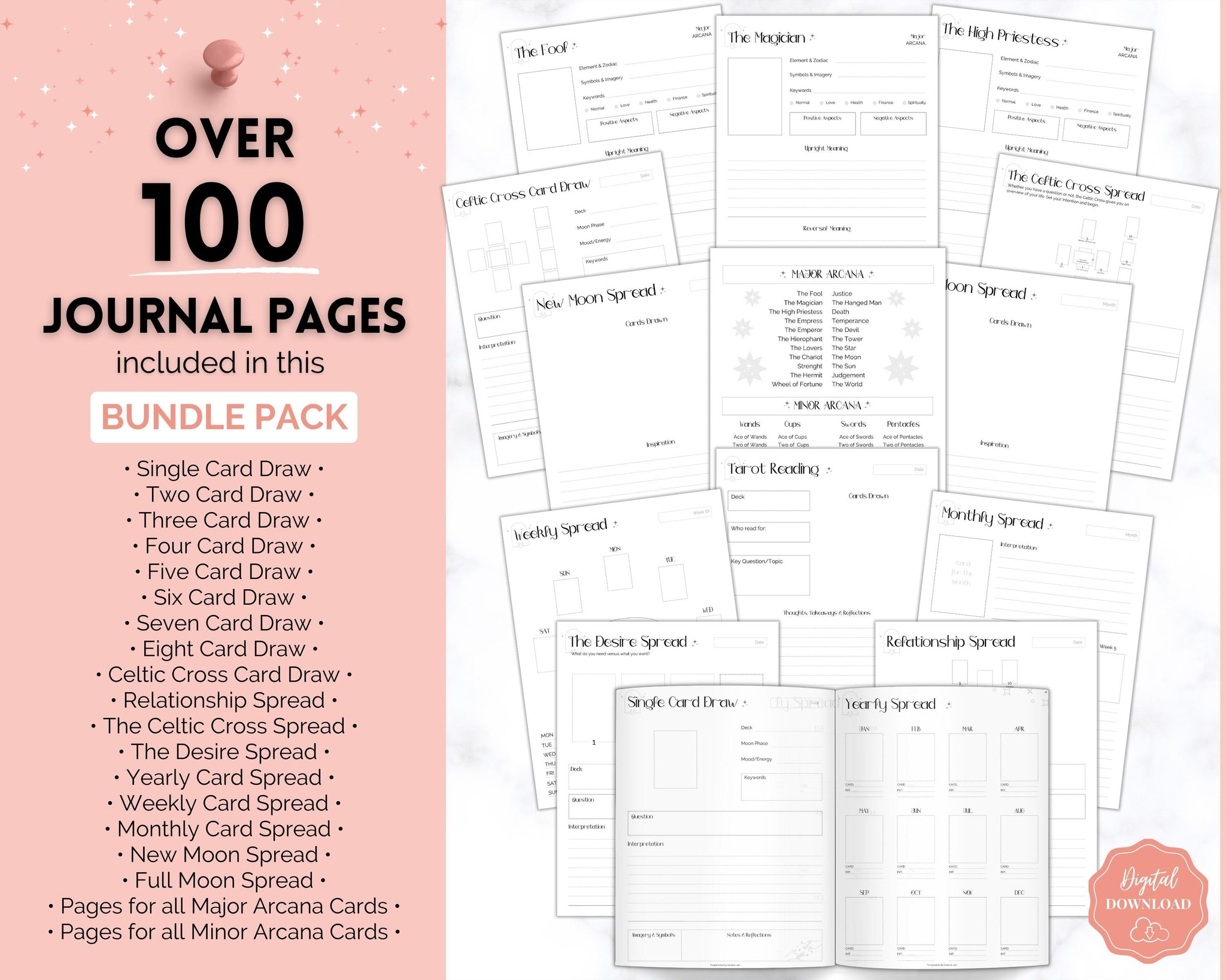 Moon & Sun Tarot Reflections Journal Printable | In-Depth Daily Card  Readings & Spreads Workbook – 135 Pages