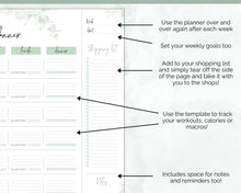 Load image into Gallery viewer, Weekly Meal Planner Printable | Food Diary, Meal Tracker, Food Journal with BONUS Grocery List | Green Eucalyptus
