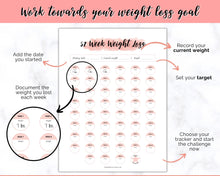 Load image into Gallery viewer, 52 Week Weight Loss Tracker &amp; Monthly Challenge | Weight Loss Chart, Pounds Lost Fitness Tracker | Pink Swash
