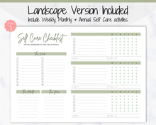 Load image into Gallery viewer, Self Care Checklist, Self-Care Planner, Selfcare Journal Tracker, Wellness Planner Printable, Daily Wellbeing, Mindfulness Mental Health Kit | Green
