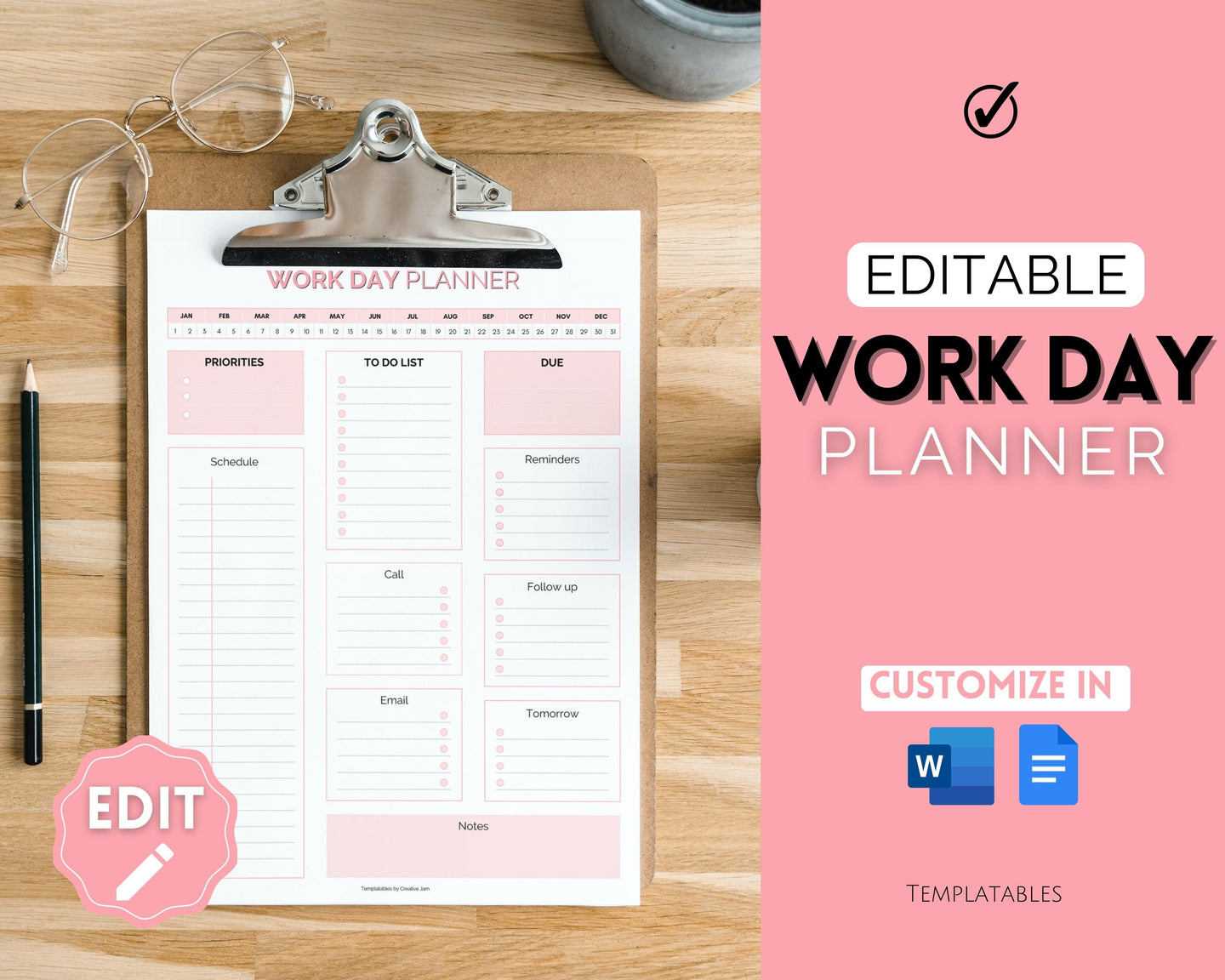 Work Planner & Work Day Organizer | Editable Daily Planner, Work From Home To Do List Printable & Digital Schedule | Pink