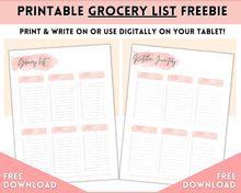 Load image into Gallery viewer, FREE - Grocery List Printable, Weekly Shopping List, Meal Planner Checklist, Kitchen Organization Template | Pink Watercolor
