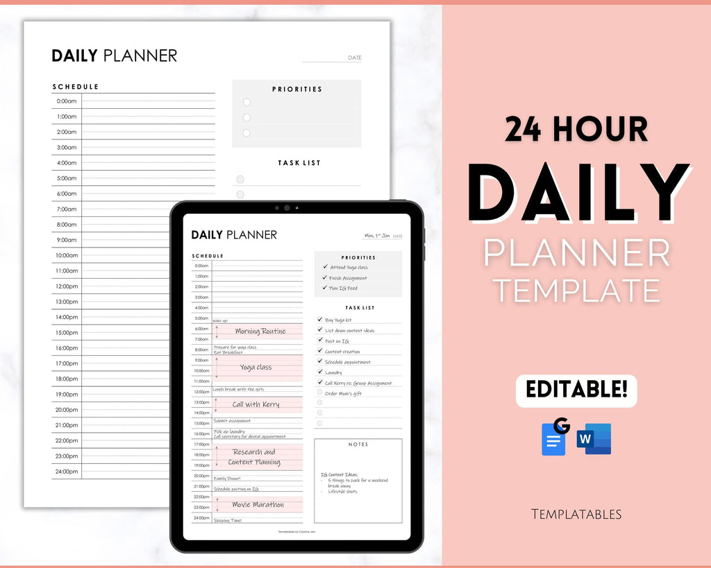 24 Hour Editable Daily Hourly Planner Printable | Word & Google Docs