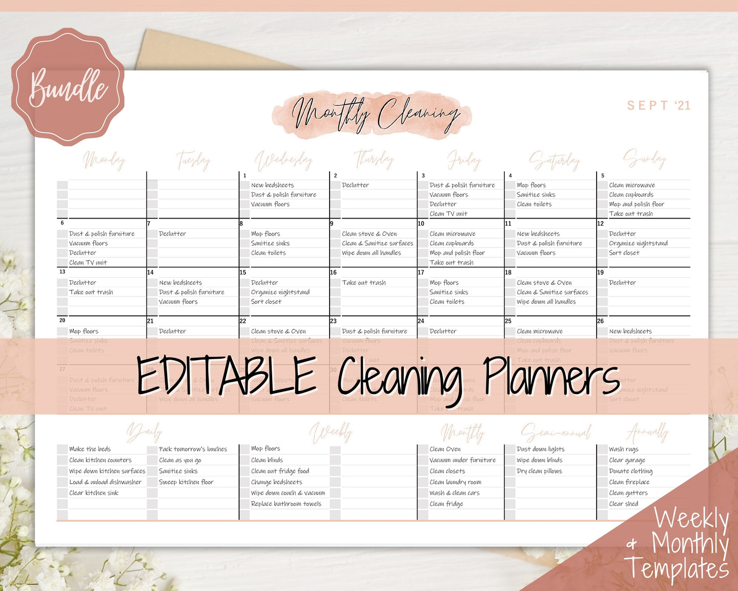 EDITABLE Cleaning Planner, Cleaning Checklist & Cleaning Schedule | Weekly House Chores, Clean Home Routine, Monthly Cleaning List | Nude