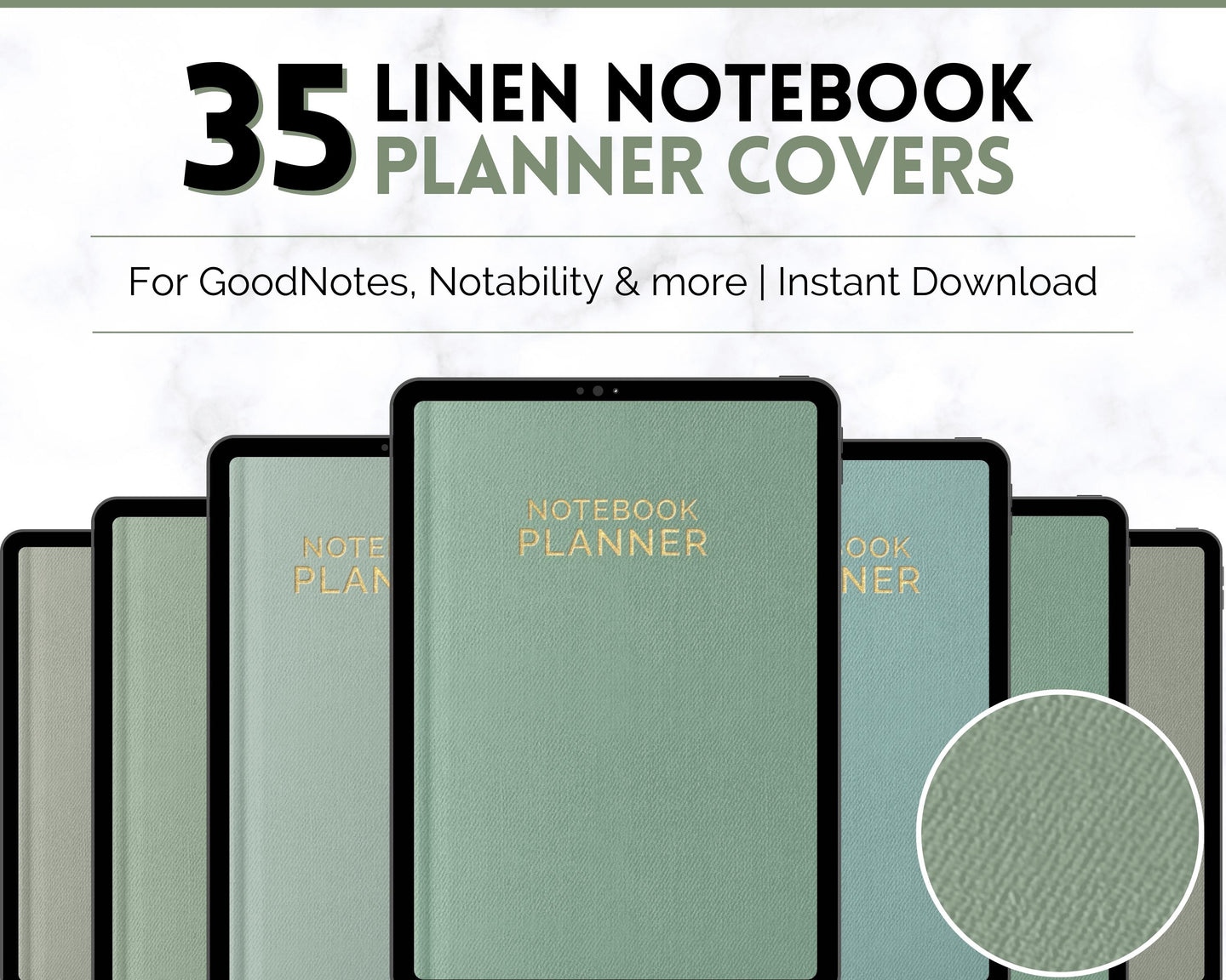 35 Digital Planner Notebook Covers | Digital Journal Covers for GoodNotes & iPad | Linen Texture Green