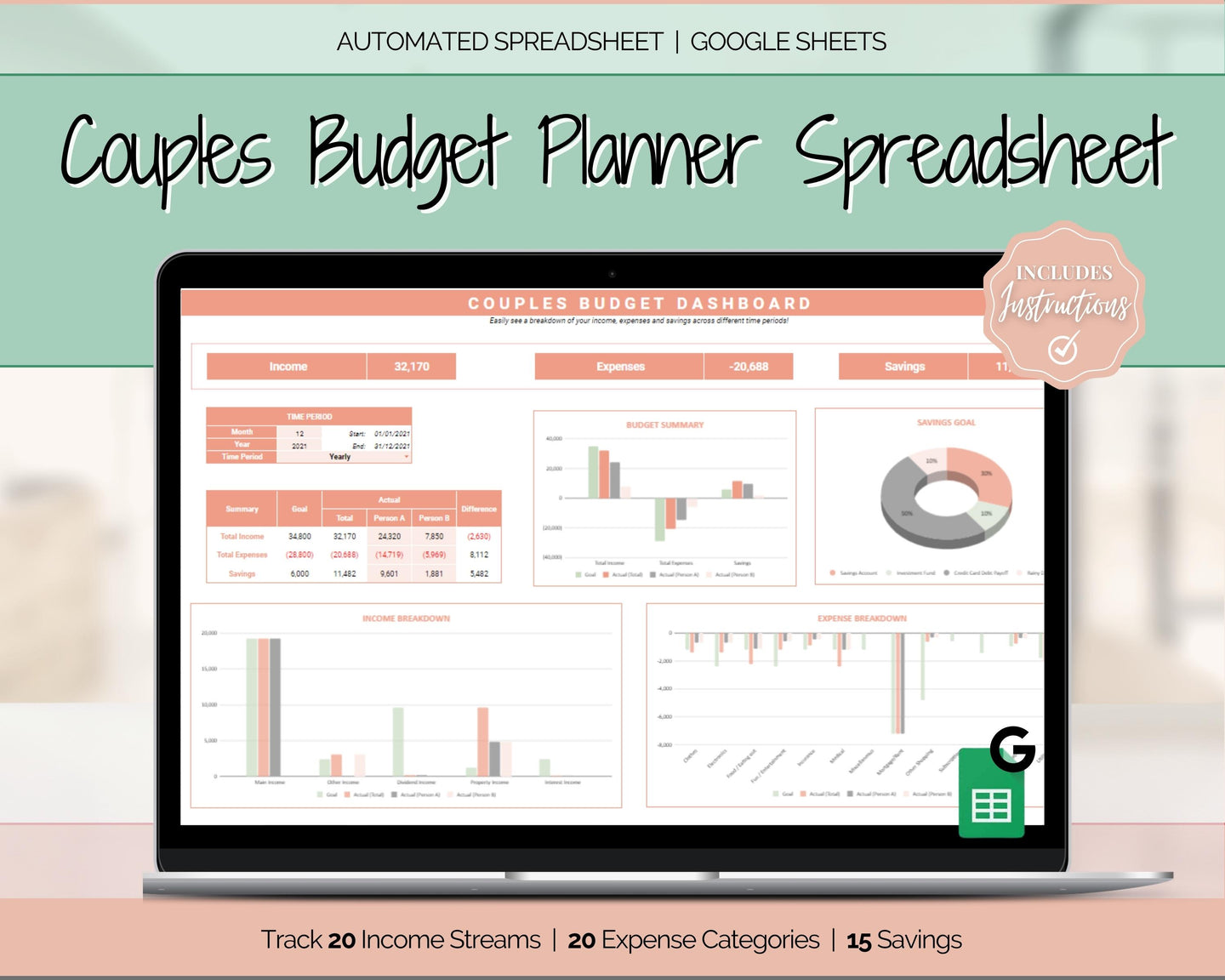 Budget Planner for Couples | Google Sheets Automated Monthly Expenses Spreadsheet | Orange