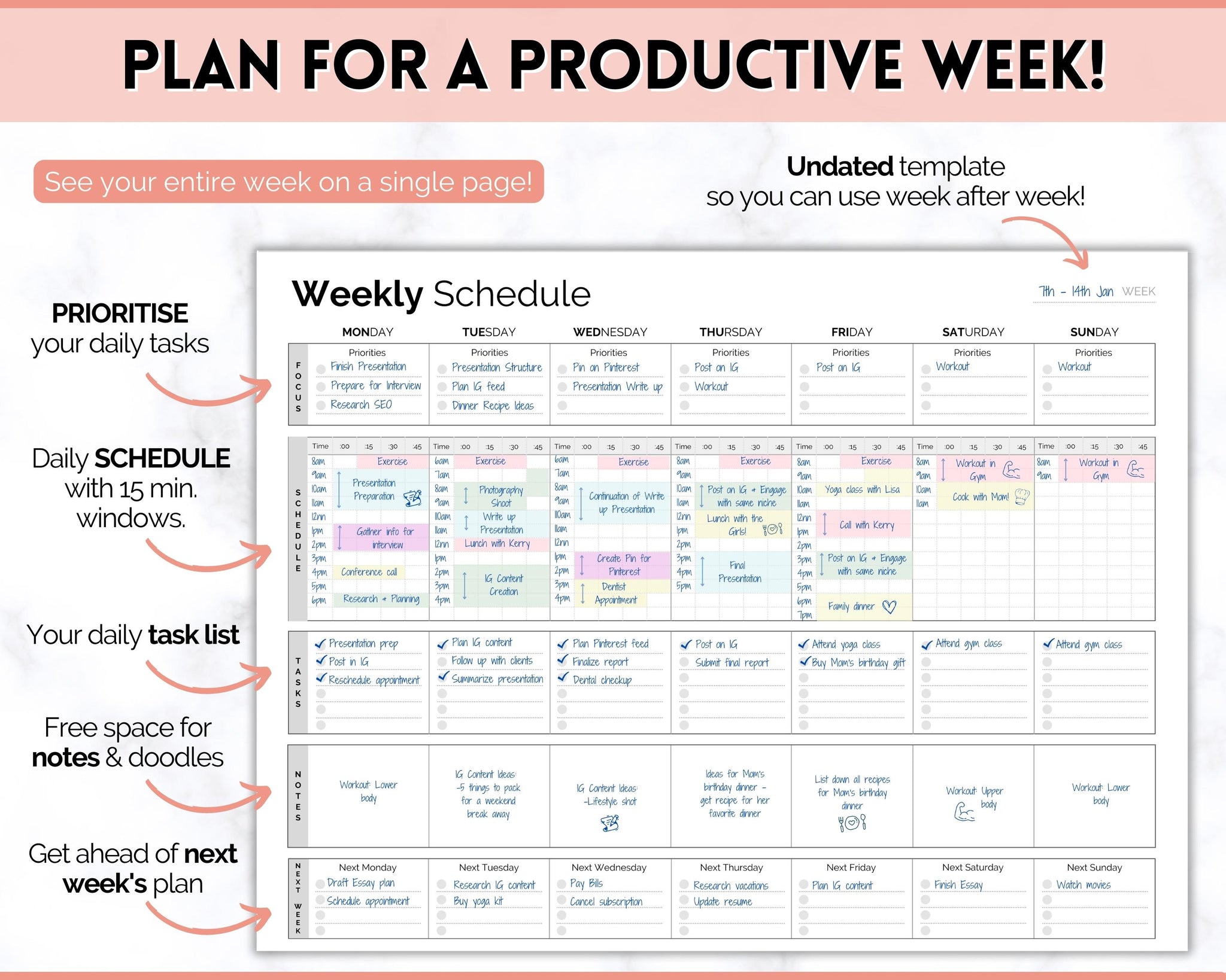 15 Minute Weekly Planner Schedule | Daily Hourly Planner Organizer