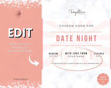 Load image into Gallery viewer, Editable Love Coupon Book for Valentines | Printable DIY Coupon Book for Him and Her | Personalized Valentines, Anniversary, Birthday Gift | Pink
