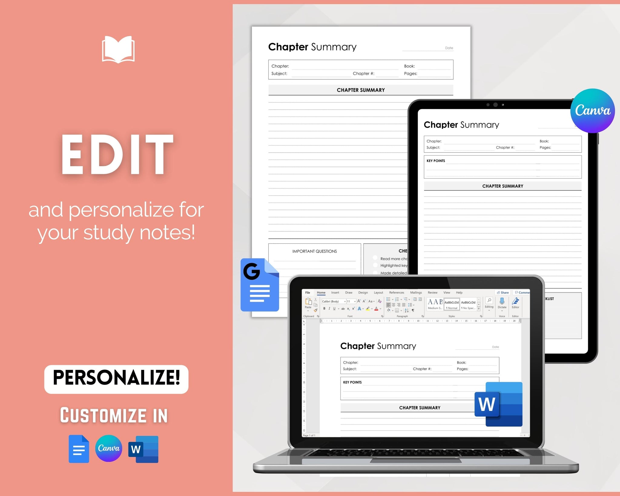 Editable Chapter Summary Template | College Outline Study Guide
