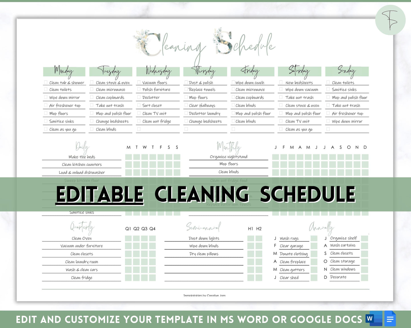Editable Cleaning Schedule & Housekeeping Checklist for House Chores | Green Eucalyptus Bundle