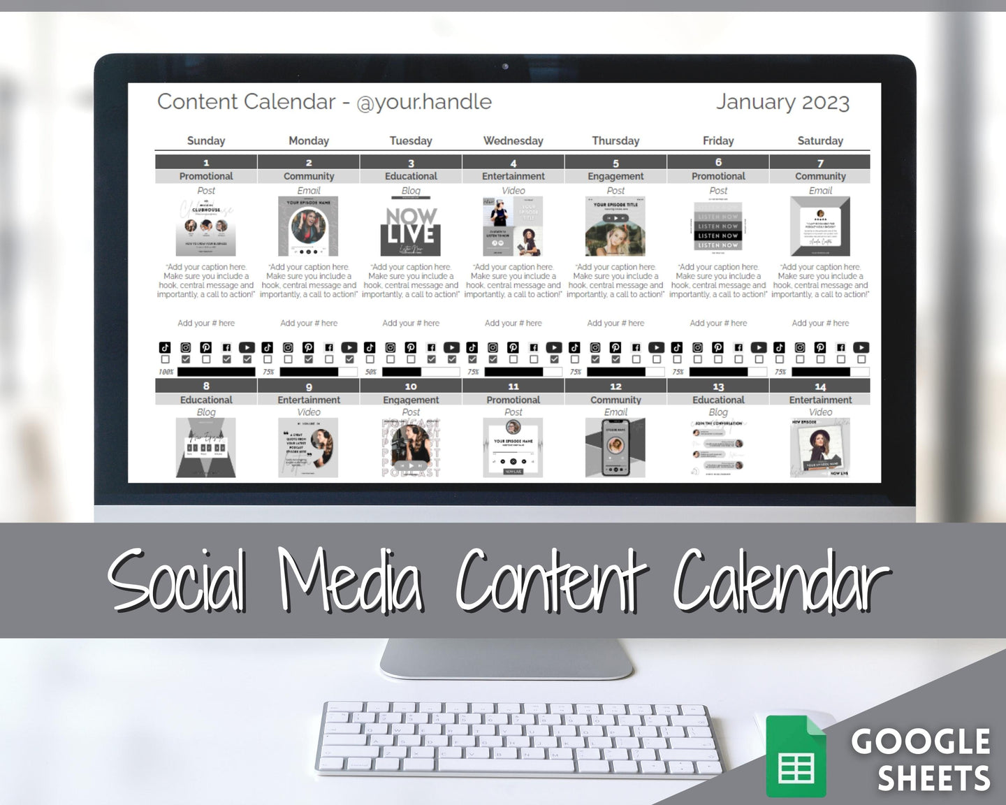 Social Media Content Calendar | Google Sheets Content Planner, Social Media Manager Spreadsheet for Instagram, YouTube, TikTok Influencers | Mono
