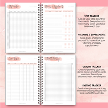 Load image into Gallery viewer, 90 Day Fitness &amp; Workout Planner for Women | Gym Journal, Weight Loss Tracker, Meal Planner, Self Care Habit Tracker | A5 Pink Watercolor
