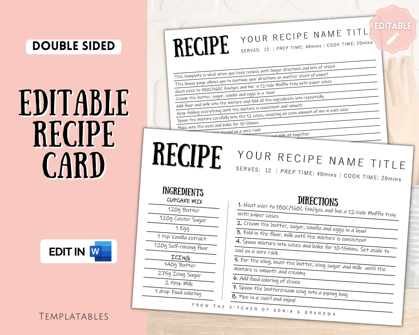 EDITABLE Recipe Card Template | Printable 4x6 Recipe Sheet Insert | Style 9