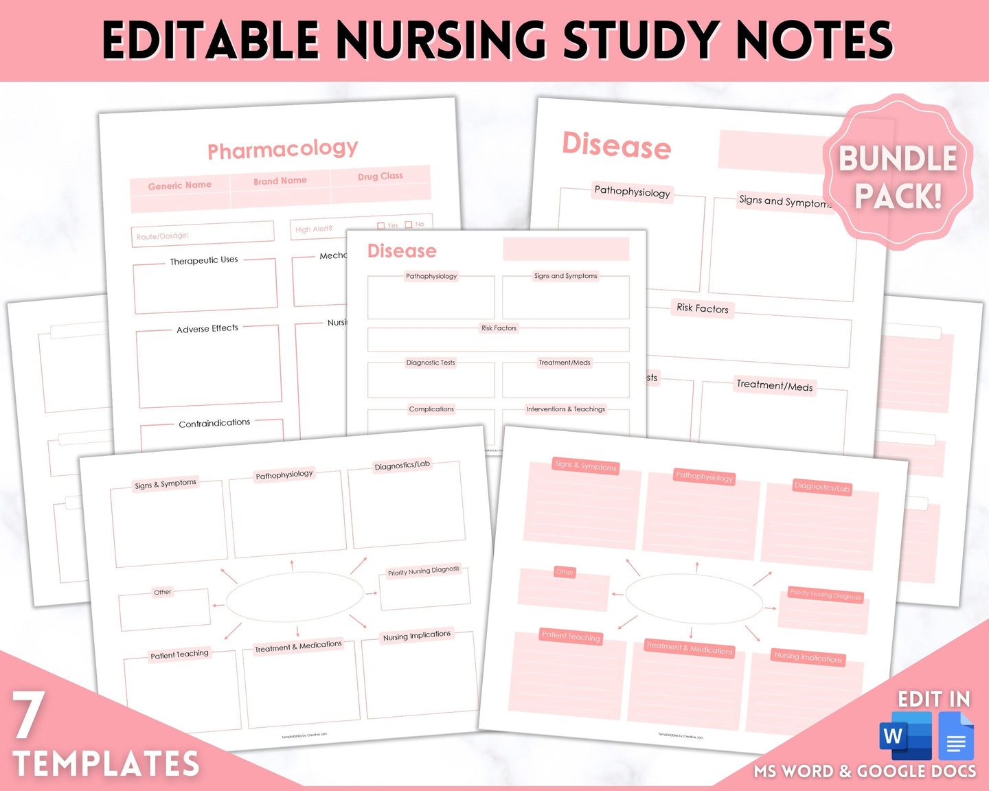 Nurse Student Notes Study Guide Bundle | Concept Map, Disease Template, Pharmacology, Pathophysiology, Med Surg, Drug Card | Pink & Mono
