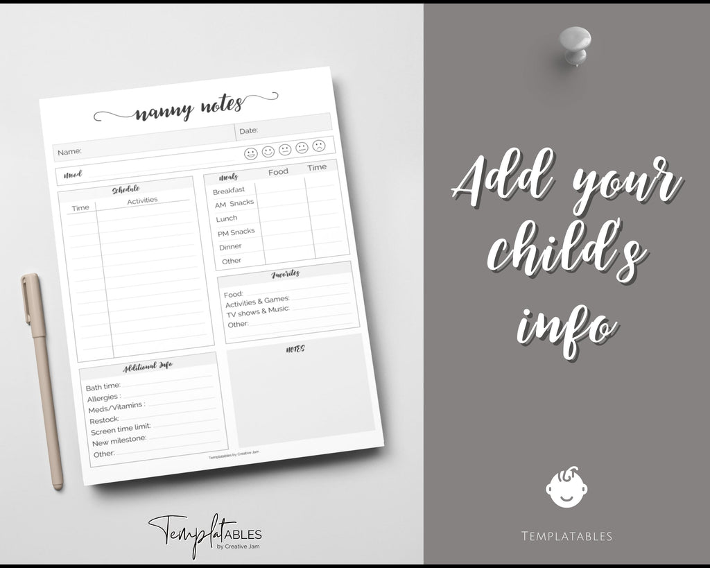 Nanny Schedule & Report Template for Baby Babysitter Hiring Guide