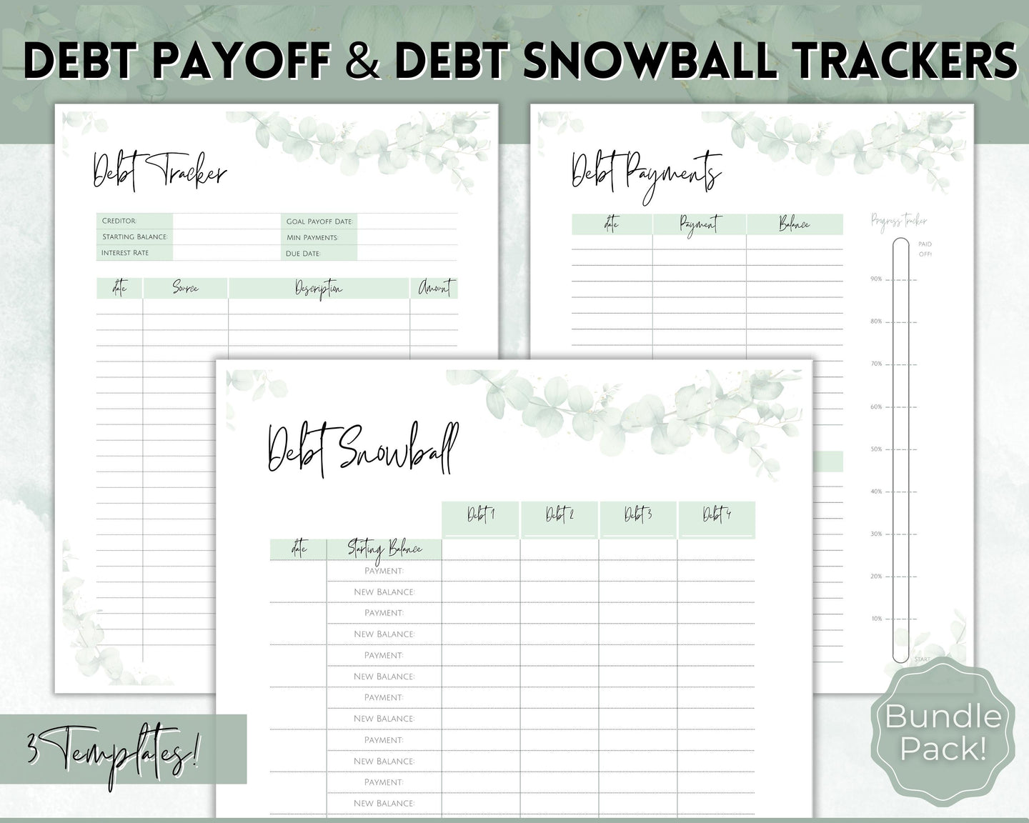 DEBT TRACKER, Debt Snowball, Debt Payoff Tracker Printable | Dave Ramsey Debt Free Tracker | Green Eucalyptus