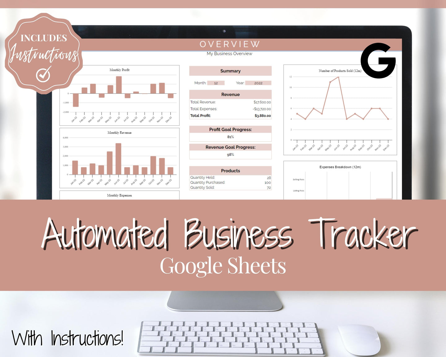 Small Business Bookkeeping Spreadsheet | Google Sheets Automated Business Expense Tracker & Product Invetory Tracker | Brown