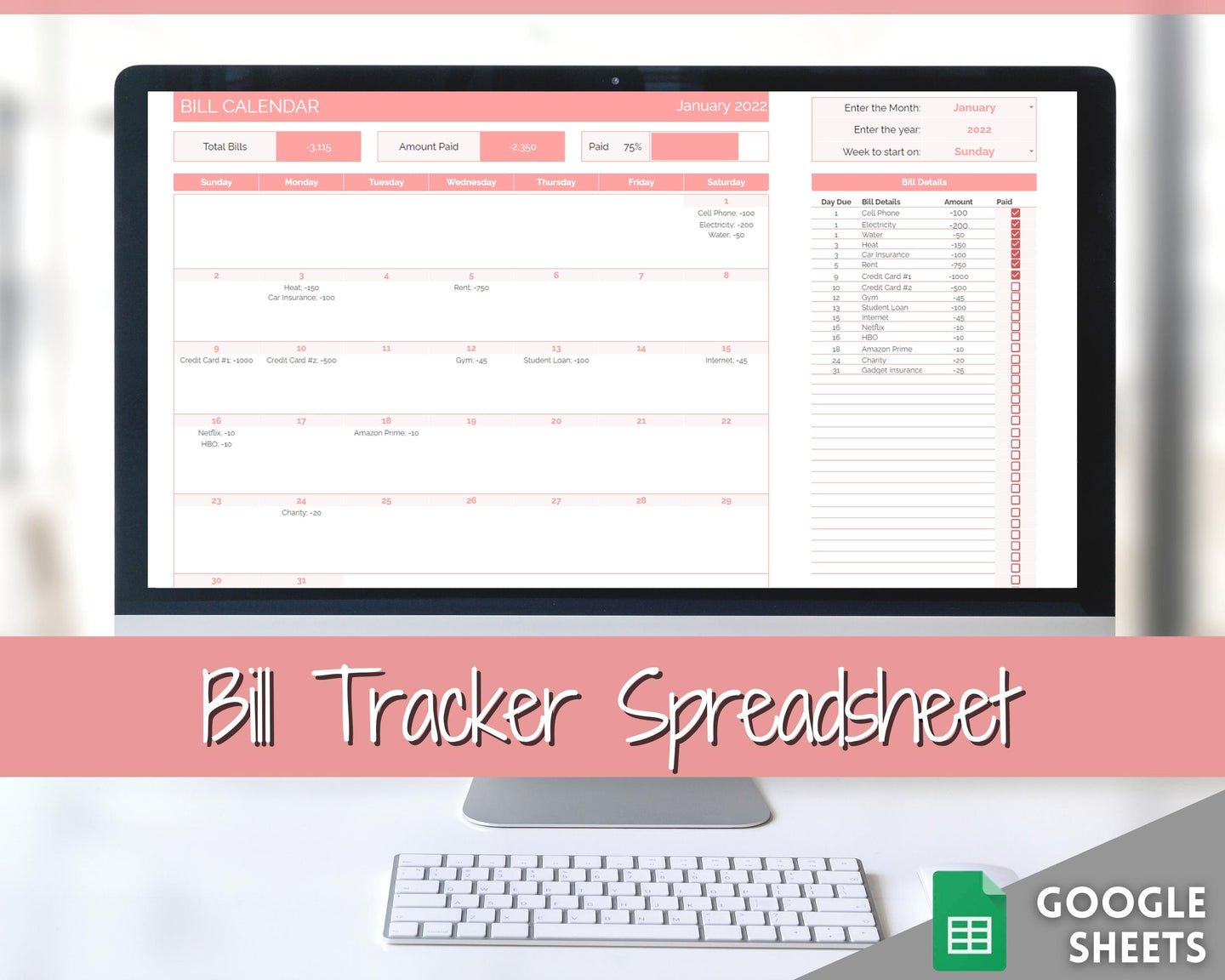 Monthly Bill Payment Tracker Spreadsheet | Google Sheets Automated Bill Calendar & Organizer | Pink