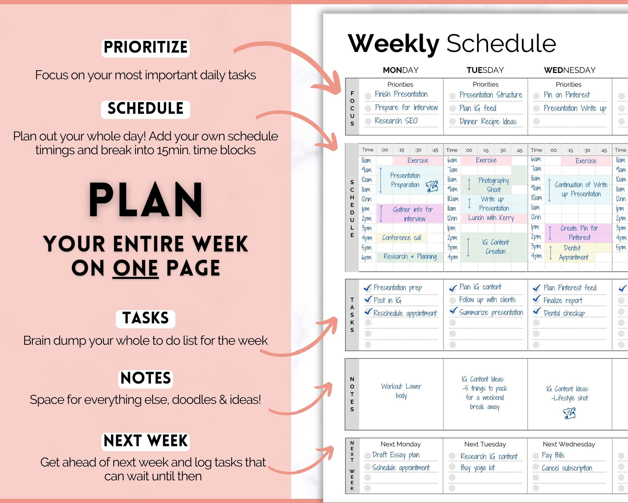 15 Minute Weekly Planner Schedule | Daily Hourly Planner Organizer