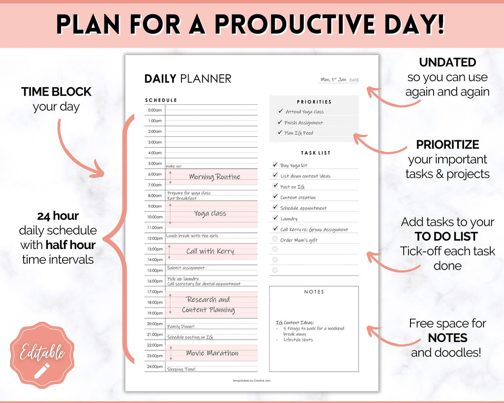 24 Hour Editable Daily Hourly Planner Printable | Word & Google Docs