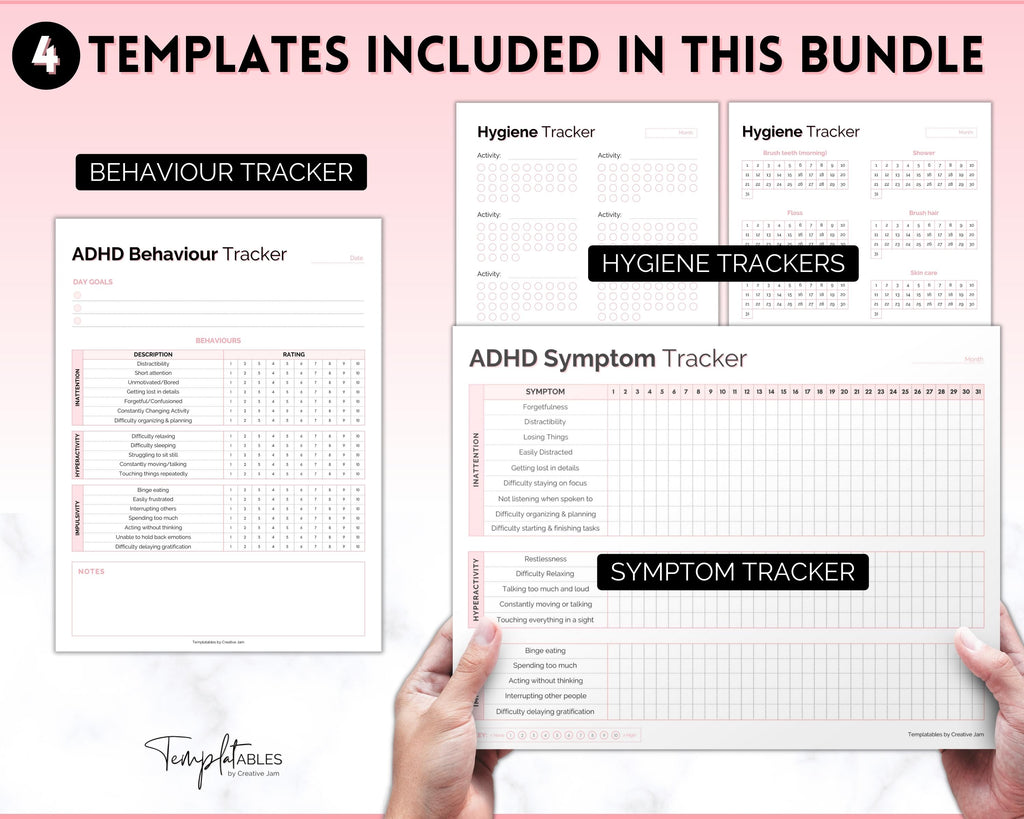 Pink Behavior Tracker ADHD Symptom Tracker, Behavior & Hygiene Tracker BUNDLE | Pink