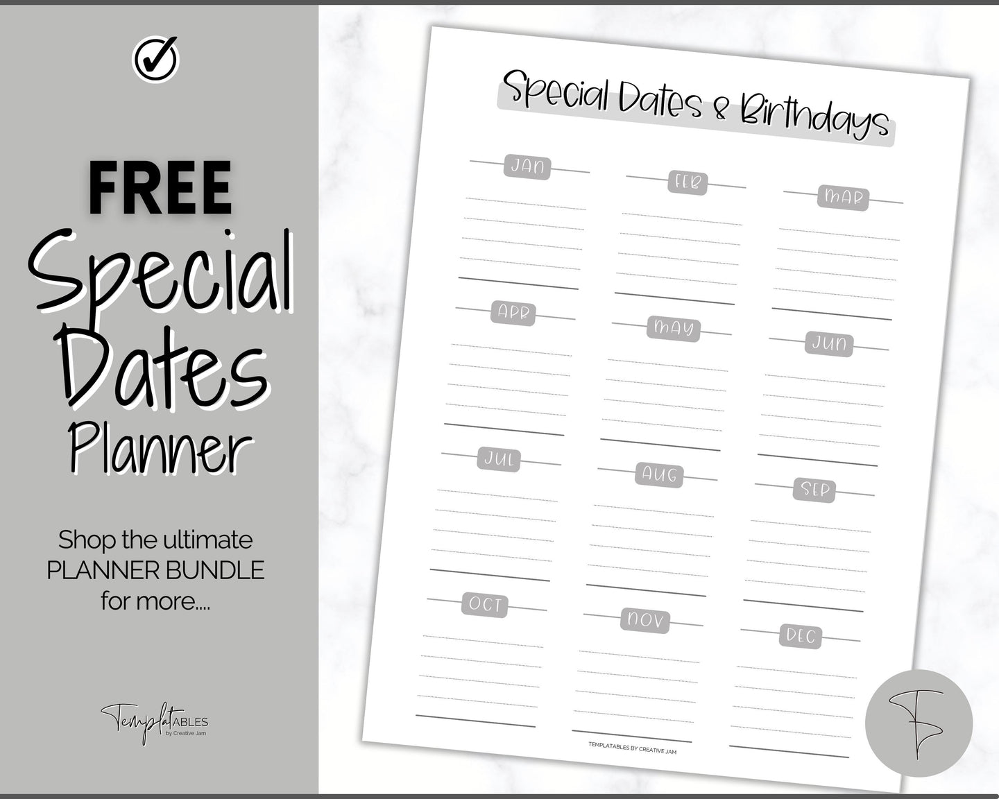 FREE - Special Dates Planner Printable, Annual Calendar, Birthday & Anniversary Reminders, Undated | Mono