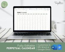 Load image into Gallery viewer, EDITABLE Perpetual Calendar | Undated Year at a Glance Reusable Calendar, Year Overview on One Page, Annual 12 Month Planner | Green
