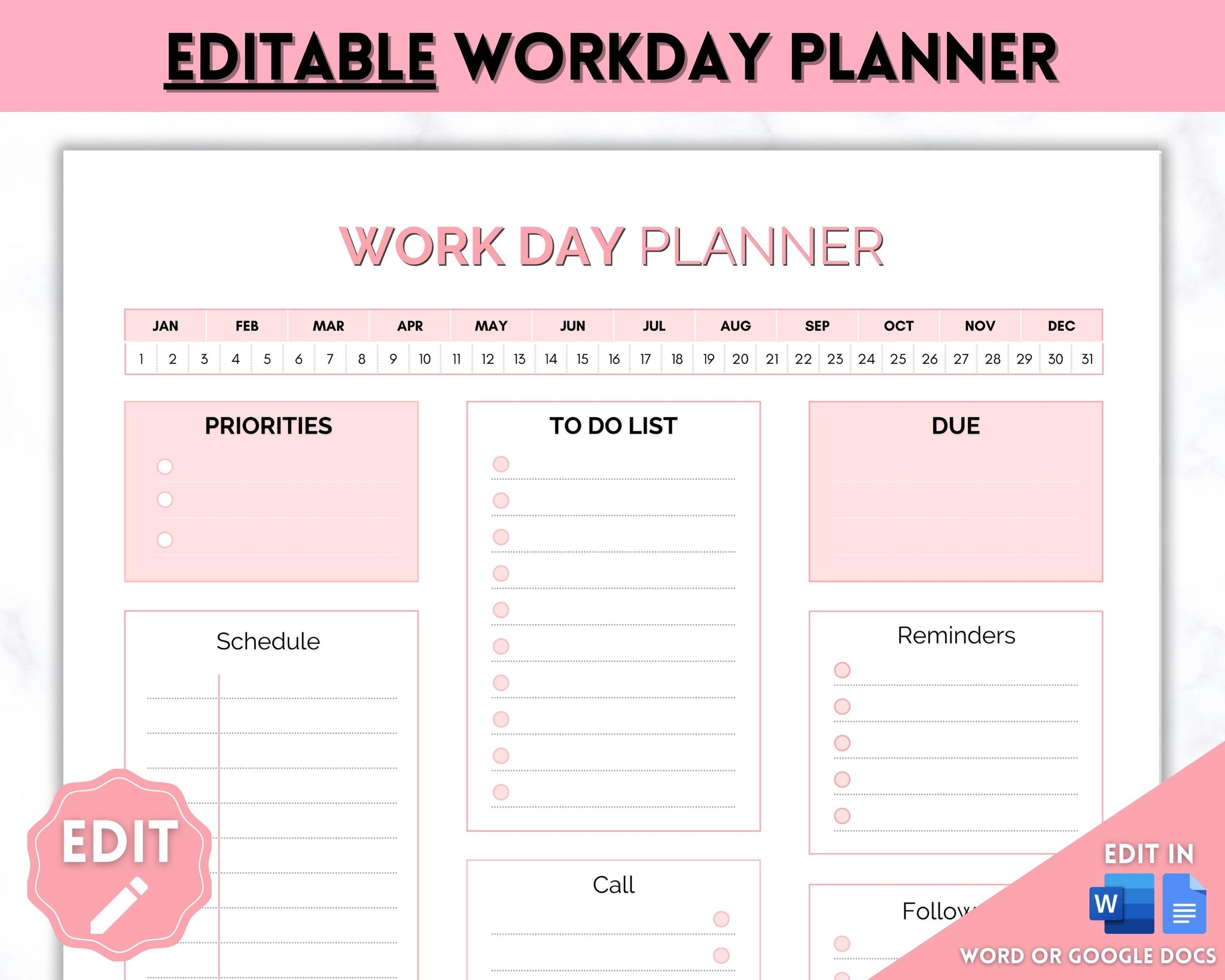 Work Planner & Work Day Organizer | Editable Daily Planner & Organizer