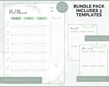 Load image into Gallery viewer, Weekly Meal Planner Printable | Food Diary, Meal Tracker, Food Journal with BONUS Grocery List | Green Eucalyptus
