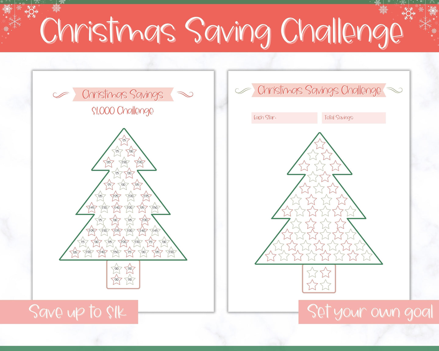 Christmas Savings Challenge | 1k Christmas Saving Tracker & Budget Printable | Red