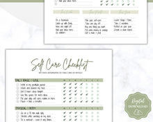 Load image into Gallery viewer, Self Care Checklist, Self-Care Planner, Selfcare Journal Tracker, Wellness Planner Printable, Daily Wellbeing, Mindfulness Mental Health Kit | Green
