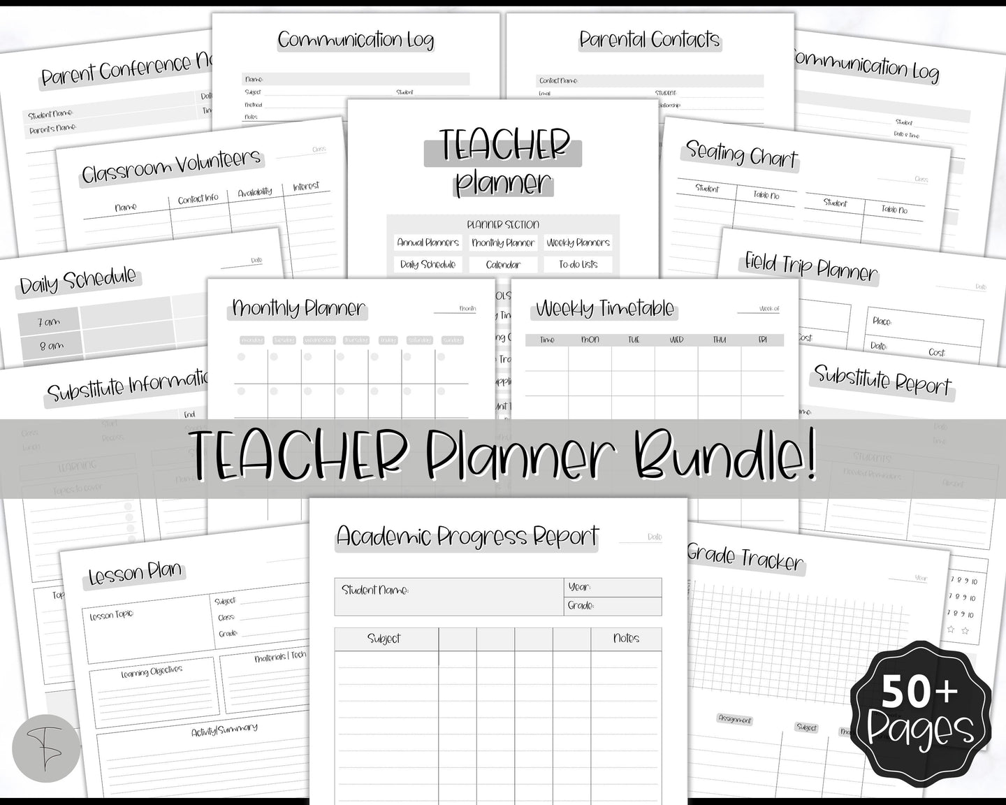 TEACHER Planner  Printable - 50+ pg BUNDLE | Academic Lesson Planner Template | Mono