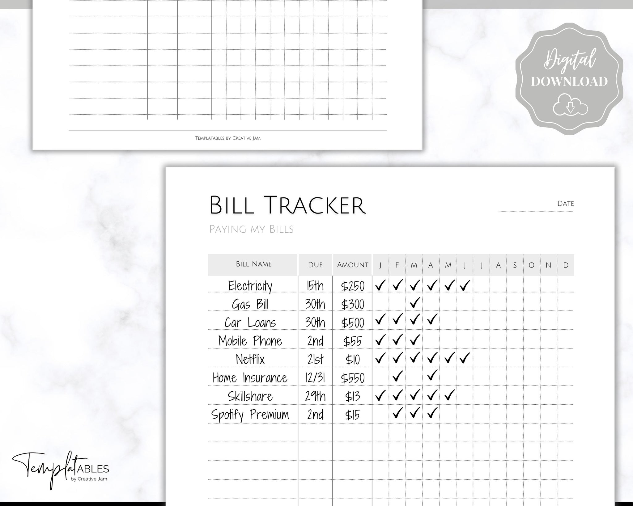 Bill Status Table Bill Tracker, Bill Payment Printables | Budget Planner Templates