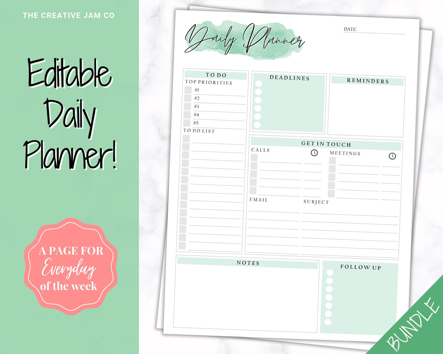 DAILY PLANNER Printable | To Do List Printable | Productivity Day Planner | Work Day Diary Insert Template & Organizer | Green