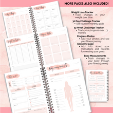 Load image into Gallery viewer, 90 Day Fitness &amp; Workout Planner for Women | Gym Journal, Weight Loss Tracker, Meal Planner, Self Care Habit Tracker | A5 Pink Watercolor
