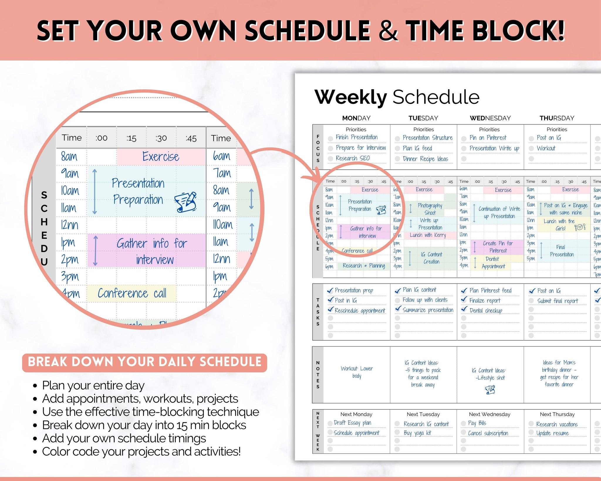 15 Minute Weekly Planner Schedule | Daily Hourly Planner Organizer
