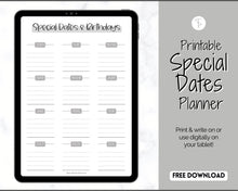 Load image into Gallery viewer, FREE - Special Dates Planner Printable, Annual Calendar, Birthday &amp; Anniversary Reminders, Undated | Mono
