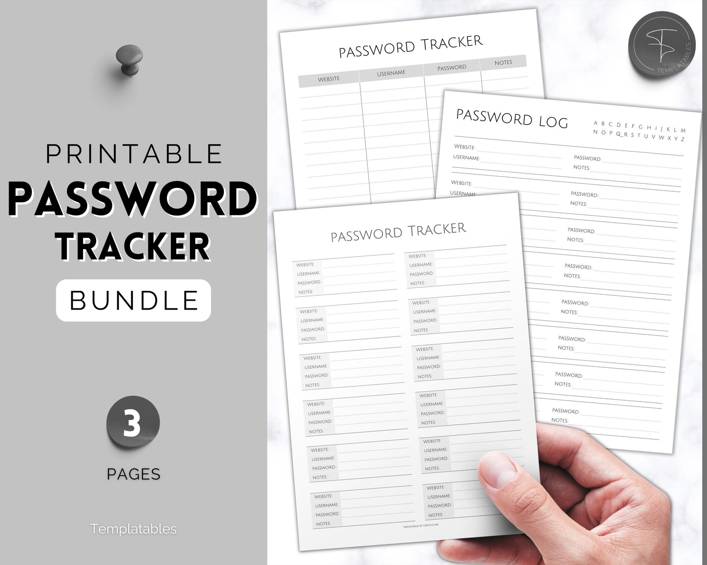 Password Tracker BUNDLE | 3 Printable Password Log & Organizers, Password Keeper, Password Manager | Mono