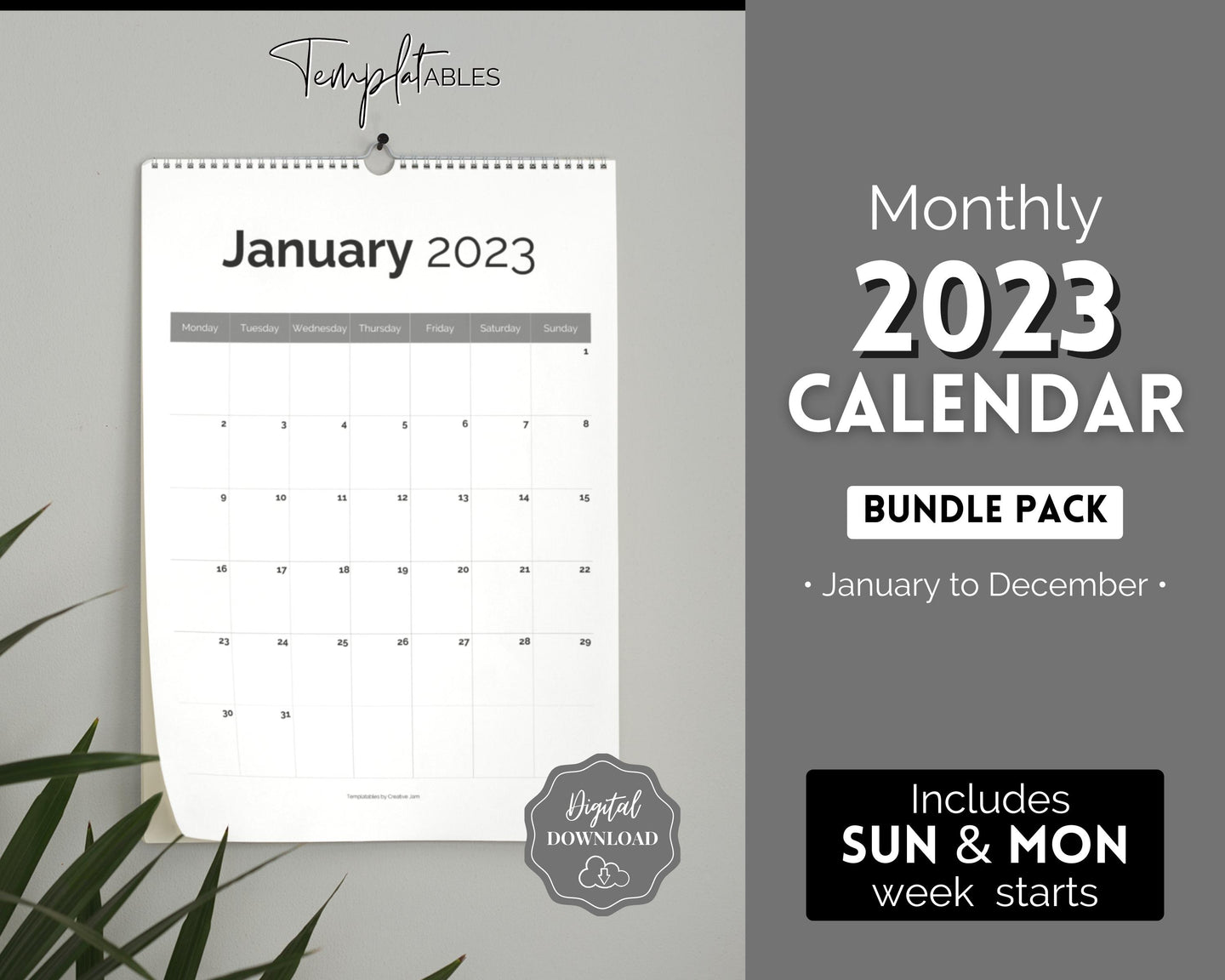 2023 Monthly Calendar Printable | 12 Month Desk Calendar Planner | Portrait Mono