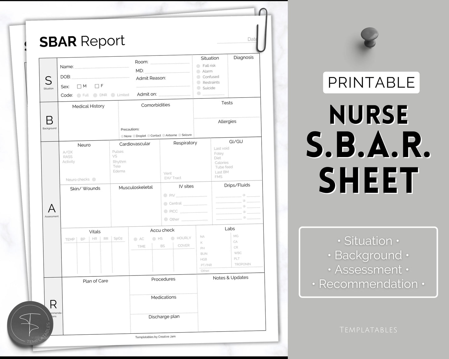 SBAR Nurse Brain Report Sheet | ICU Nurse Report, RN Nursing, New Grad, Patient Assessment, Printable Template | Mono