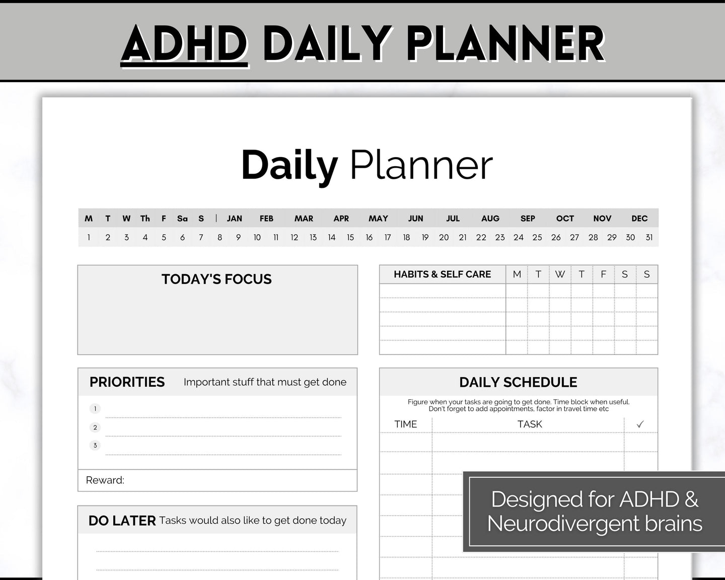 ADHD Daily Planner for Adults - Made for Neurodivergent Brains | Mono
